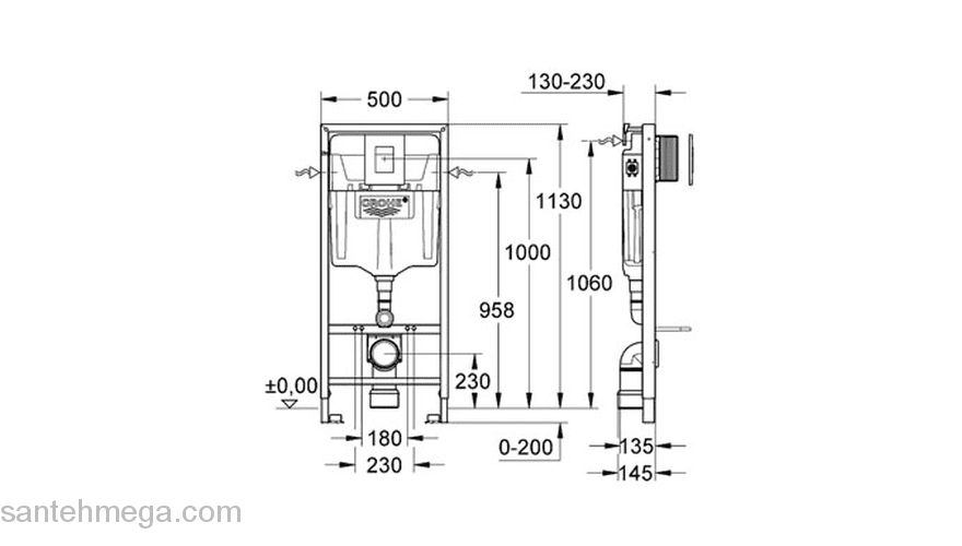 Инсталляция в сборе для подвесного унитаза GROHE Rapid SL 38772001. Фото