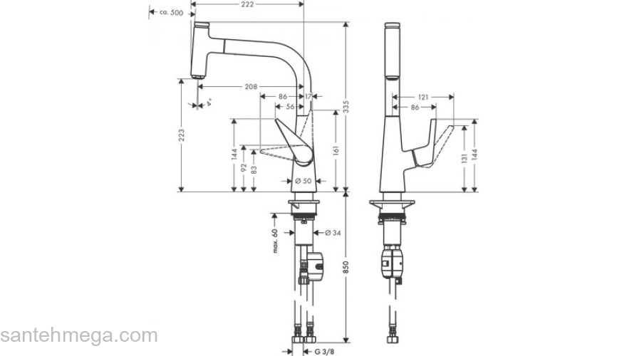 Кухонный смеситель однорычажный, 220, с вытяжным изливом, 1jet Hansgrohe 72822000, хром. Фото