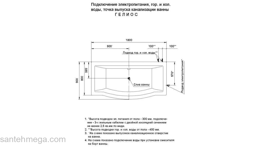 Ванна АКВАТЕК Гелиос 180х90 без гидромассажа. Фото