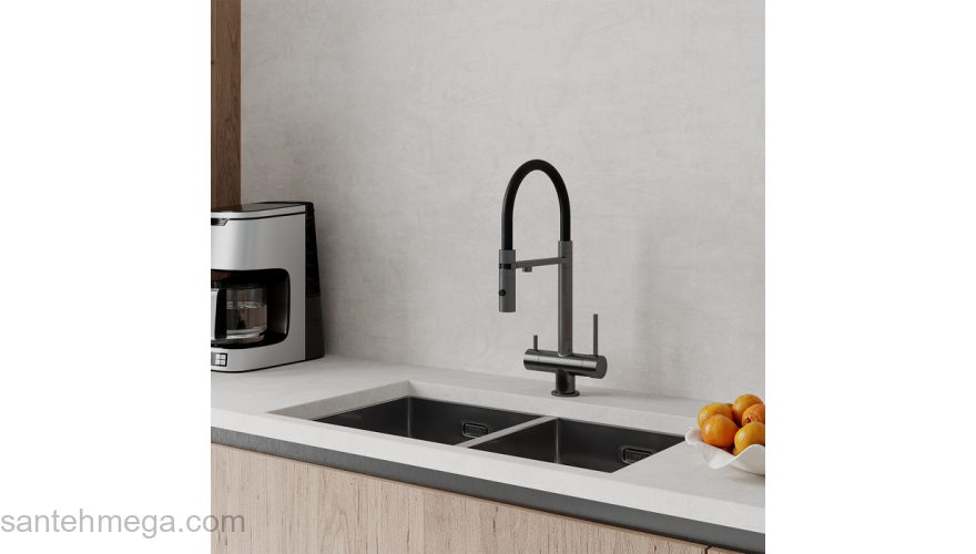 Смеситель для кухни с фильтром и гибким изливом графит Ace IDDIS ACEGMFFi05. Фото