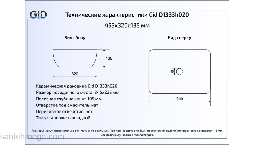 Раковина накладная GID D1333h020 46х32 53319 Черный / Хром. Фото