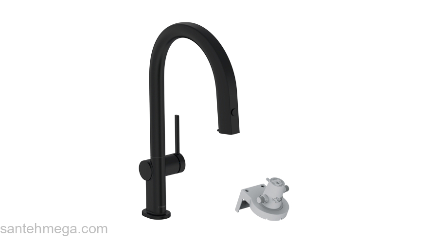 Смеситель для кухни с вытяжным изливом Hansgrohe Aqittura M91 FilterSystem 210 с подключением к фильтру питьевой воды 76803670, черный матовый. Фото