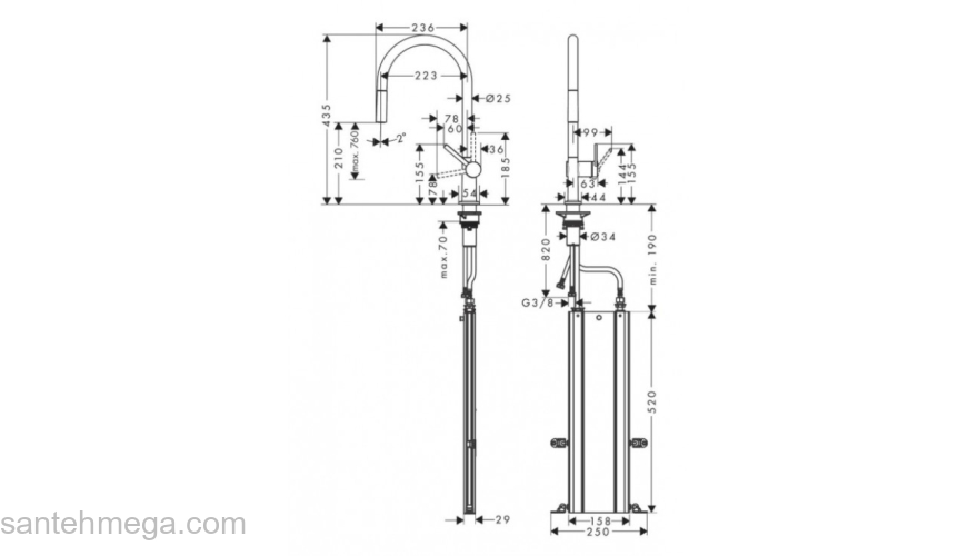 Кухонный смеситель однорычажный, 210, с вытяжным изливом, 1jet, sBox Hansgrohe 72803000, хром. Фото