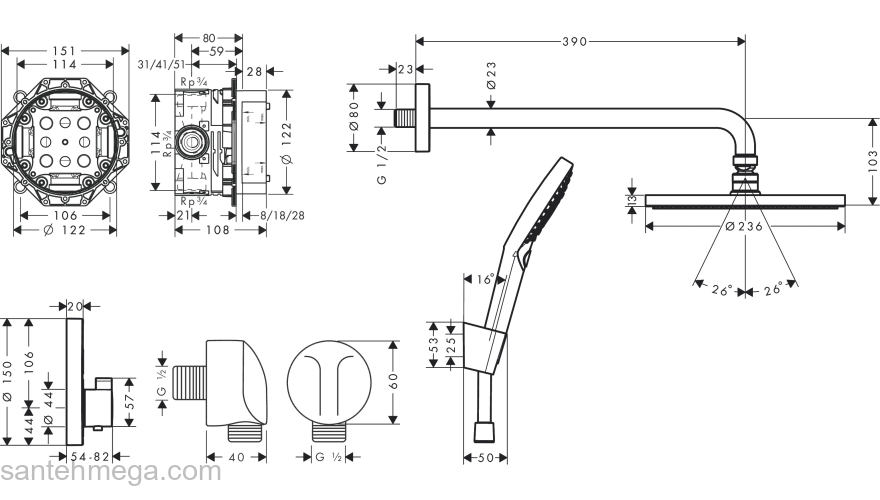 27959670 HANSGROHE  Set 8 в 1 (27623670+27413670+26530670+15743670+01800180+28331670+27454670+28272670) душевой комплект, матовый черный. Фото