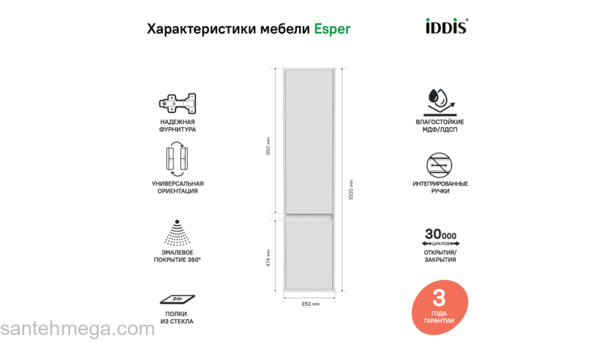 Пенал подвесной 35 см Esper белый IDDIS ESP35W0i97. Фото