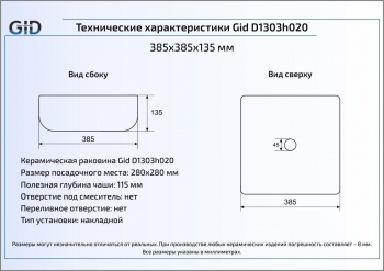 Раковина накладная GID D1303h020 39х39 53311 Черный / Хром. Фото