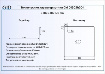 Раковина накладная GID D1305h004 43х43 53312 Черный Глянцевый. Фото