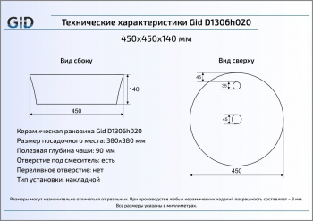 Раковина накладная GID D1306h020 44х44 53315 Черный / Хром. Фото