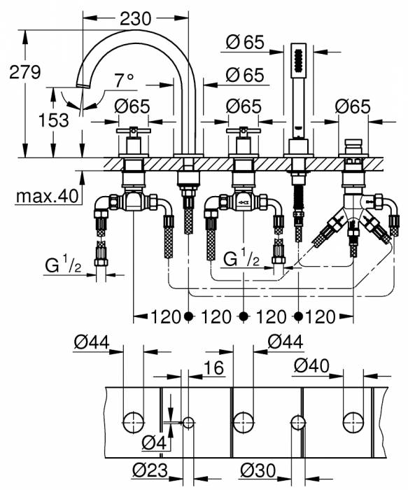 GROHE 19923003 Atrio New Комлект для ванны на 5 отверстий (смеситель двухвентильный, круглый излив, крестообразные ручки, ручной душ, переключатель), может быть использован с 29 037 001. Фото