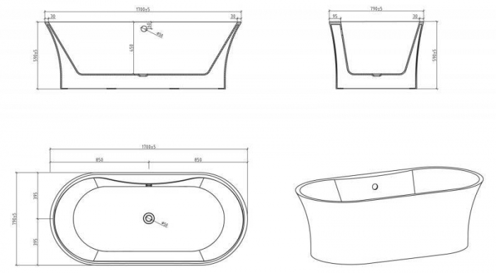 Ванна акриловая отдельностоящая BELBAGNO BB201-1700-800. Фото