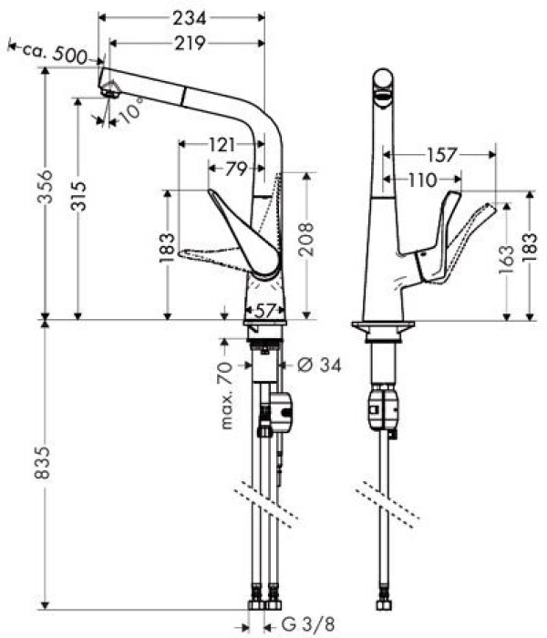 Смеситель для кухни с выдвижным душем Hansgrohe Metris 14821000. Фото