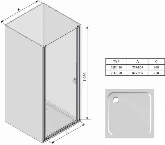 Душевая дверь RAVAK Chrome CSD1-90 (сатин+транспарент) 0QV70U00Z1. Фото