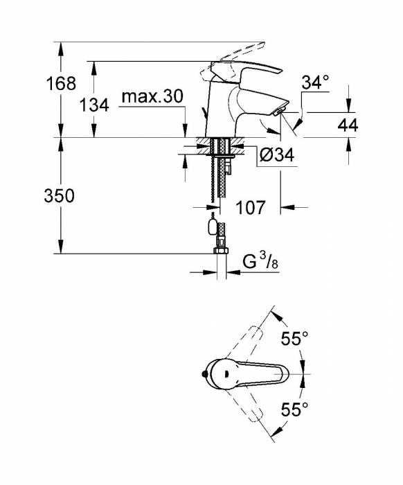 GROHE 33559001 Eurostyle Смеситель однорычажный для раковины, гибкая подводка, цепочка. Фото