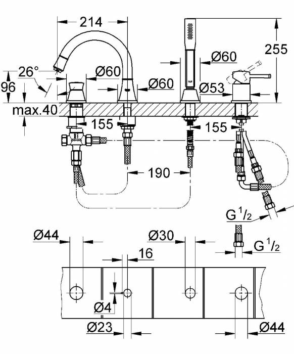 GROHE 19936A00 Grandera Смеситель однорычажный для ванны на 4 отвесртия. Фото