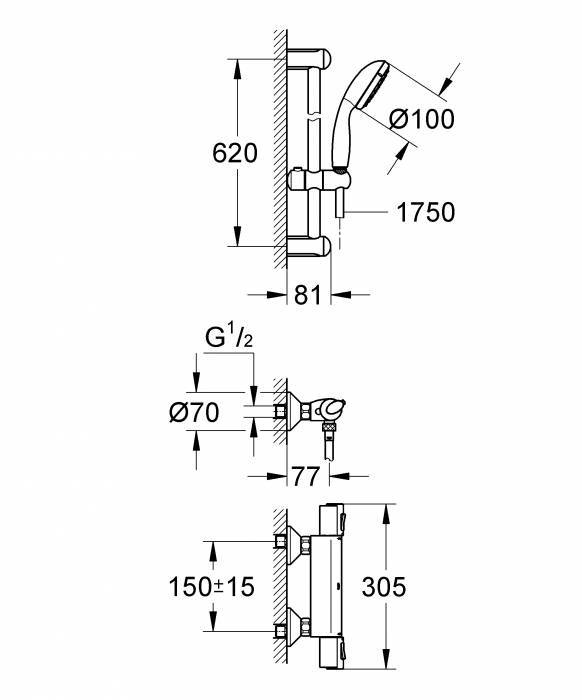 Смеситель термостатический для душа GROHE Grohtherm 1000 34151001. Фото
