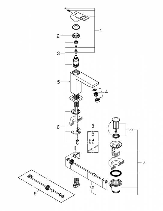 GROHE 23445000 Eurocube Смеситель однорычажный для раковины со средним изливом, сливной гарнитур. Фото