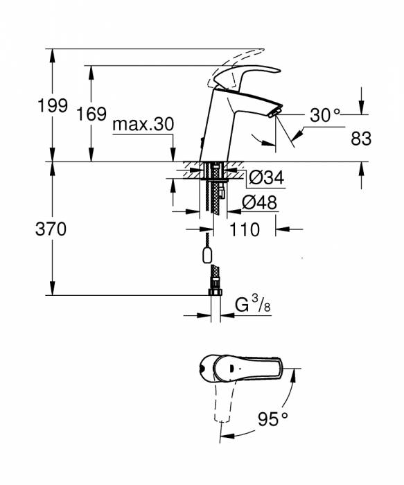 GROHE 2339410E Eurosmart Смеситель однорычажный для раковины с цепочкой, средний излив, с энергосберегающим картриджем - подача холодной воды при центральном положении рычага. Фото