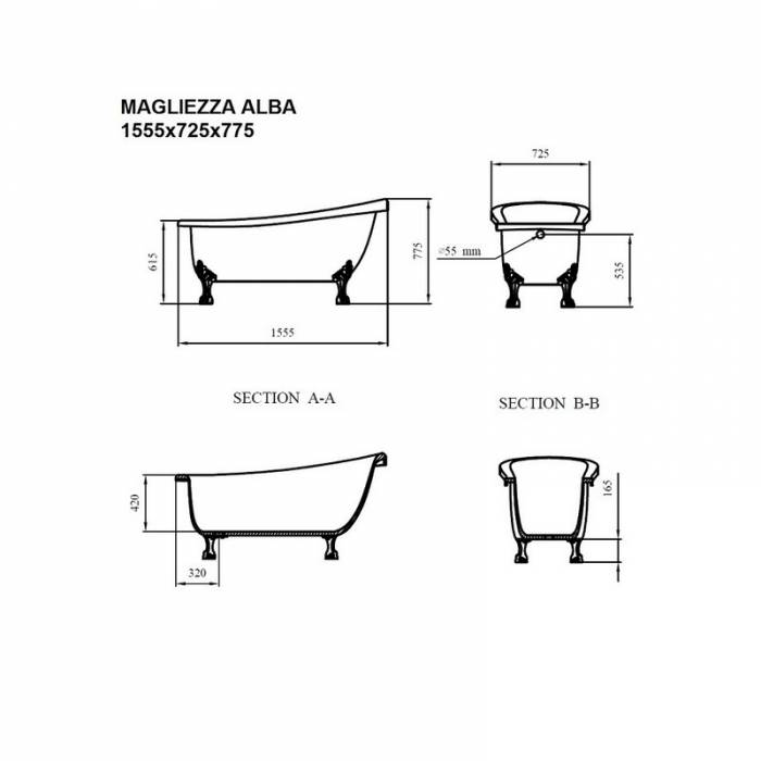 Ванна акриловая MAGLIEZZA Alba 150х70 (ножки бронза). Фото