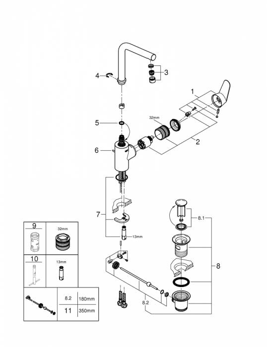 Смеситель однорычажный для раковины GROHE 23054003 Eurodisc Cosmopolitan с высоким изливом, хром. Фото