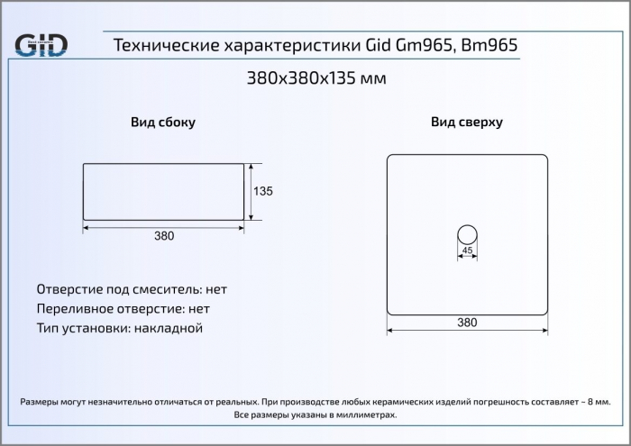 Раковина накладная GID Bm965 38х38 53339 Черный Матовый. Фото