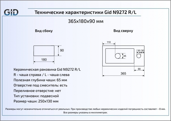 Раковина подвесная GID N9272R 37х18 61105R Белый. Фото