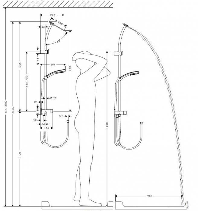 Какая высота тропического душа. Высота установки лейки тропического душа. Душевая стойка Hansgrohe inversa 160 27156000 хром. Высота лейки тропического душа. Высота размещения душевой лейки в душе.