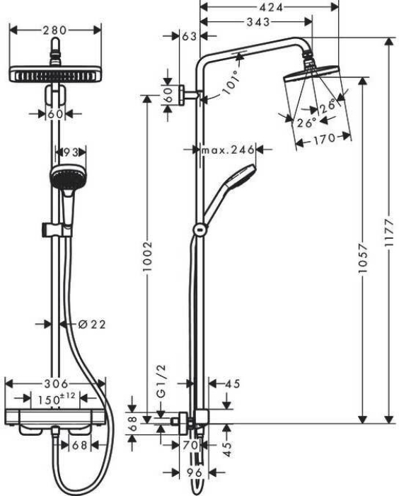 Душевая система Hansgrohe Croma E Showerpipe 280 1jet 27630000, хром. Фото