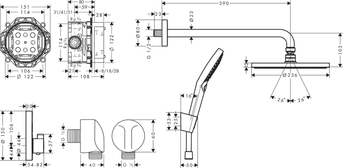 27959670 HANSGROHE  Set 8 в 1 (27623670+27413670+26530670+15743670+01800180+28331670+27454670+28272670) душевой комплект, матовый черный. Фото