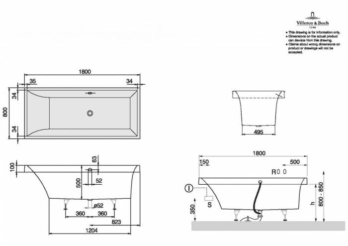 Ванна акриловая VILLEROY & BOCH Squaro UBQ180SQR2V-01 Alpin. Фото