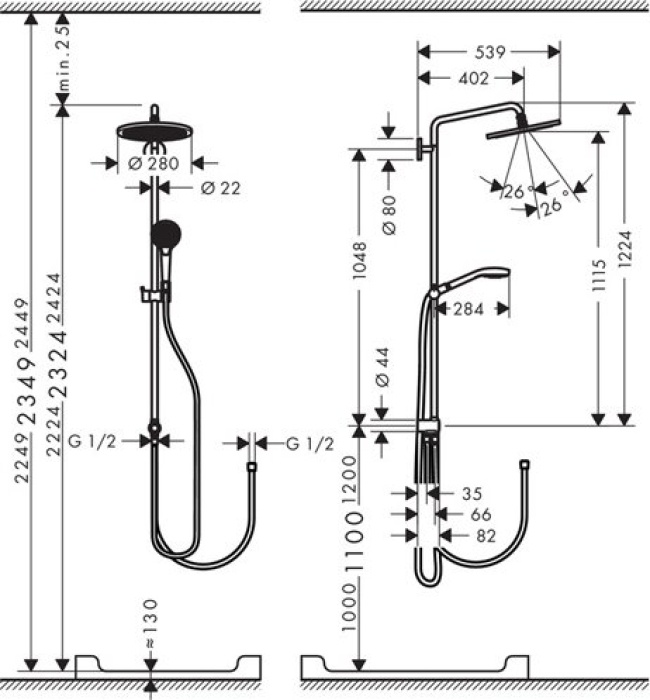 Душевая стойка Hansgrohe Croma Select 280 Air 1jet Showerpipe Reno EcoSmart 26793000. Фото