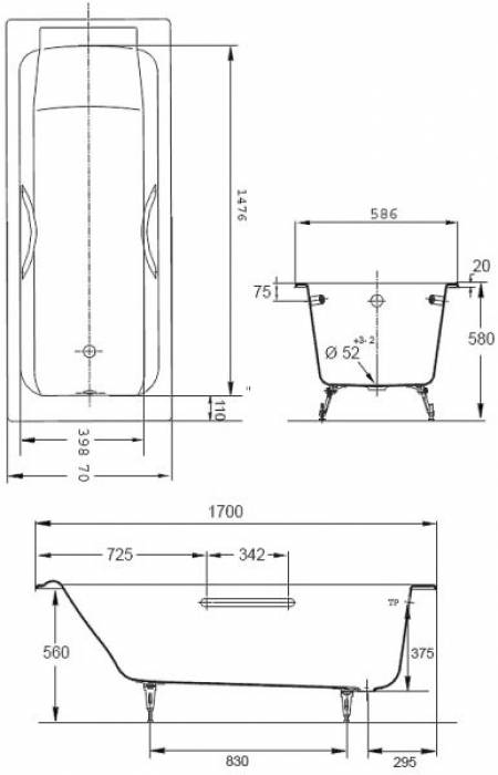 Ванна чугунная с отверстиями для ручек JACOB DELAFON Parallel 170х70 E2948-00. Фото