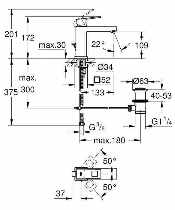 GROHE 23445000 Eurocube Смеситель однорычажный для раковины со средним изливом, сливной гарнитур. Фото