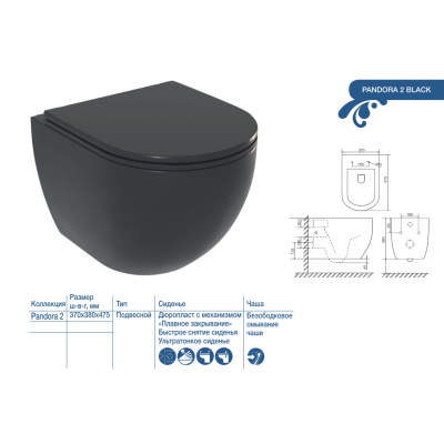 Безободковый унитаз подвесной с сиденьем Soft-close SOLE PANDORA 2 Black. Фото