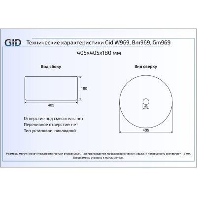 Раковина накладная GID Gm969 40х40 53335 Серый Матовый. Фото