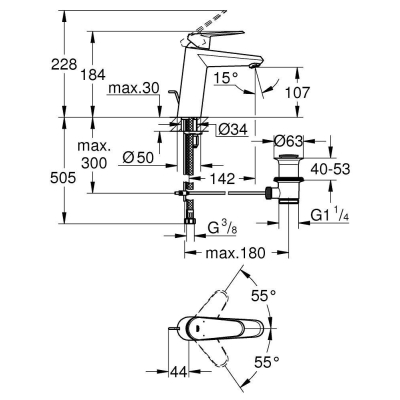 GROHE 23448002 Eurodisc Cosmopolitan Смеситель однорычажный для раковины со средним изливом, сливной гарнитур. Фото