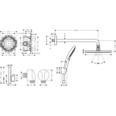 27959670 HANSGROHE  Set 8 в 1 (27623670+27413670+26530670+15743670+01800180+28331670+27454670+28272670) душевой комплект, матовый черный. Фото