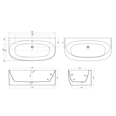 Ванна акриловая Azario Cambridge 1800X880X580, пристенная, в комплекте с сифоном и металлической рамой. Фото